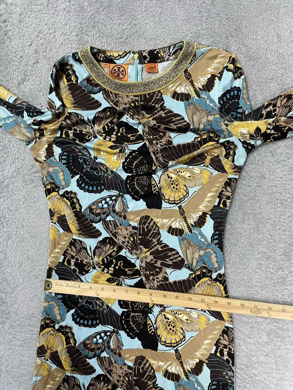 Tory Burch Shift Dress Womens XS Multicolor Butterfly Crew Neck Silk Long Sleeve